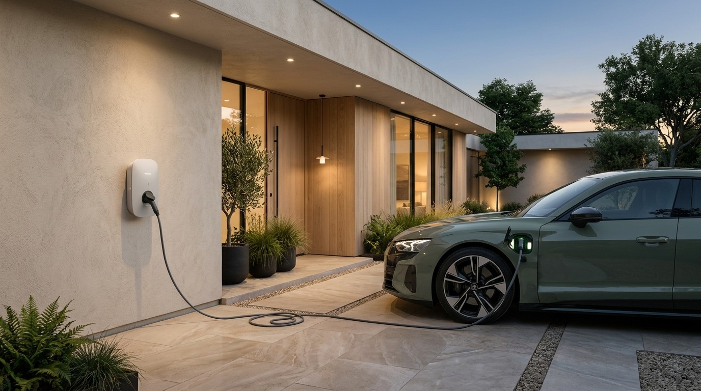 A modern electric vehicle charging at a professional EV charger installation in Texas.